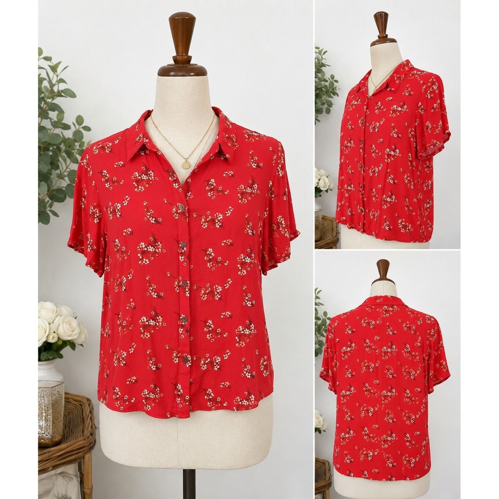 Rewind Button Up Blouse Women XL Red‎ Floral Short Sleeve Rayon Top